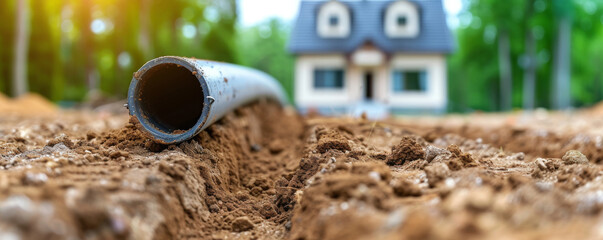 Pipeline goes through cottage yard during construction period. Pipe snakes way being testament to intricate web of infrastructure.