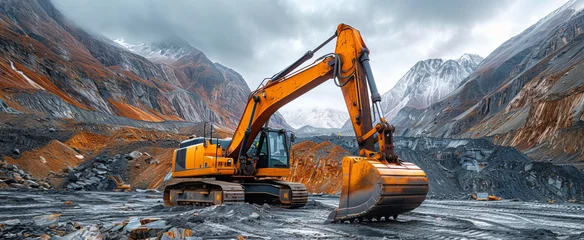 Foto op Canvas Excavator deftly cleared away debris making way for foundation in mountainous region. Machinery reaches deep in earth uncovering hidden layers. © Bonsales