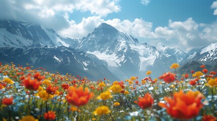 colorful alpine flowers in bloom with snowy mountain backdrop in summer - obrazy, fototapety, plakaty