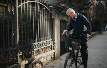 A mature man with grey hair prepares for a bike ride outside his rural home, representing active senior lifestyle and leisure activity.