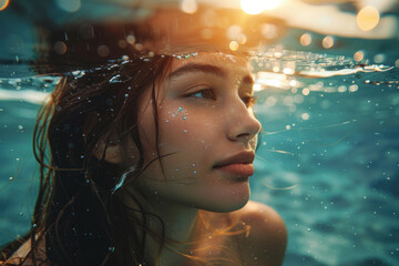 Portrait of Asian young woman swim in tropical sea