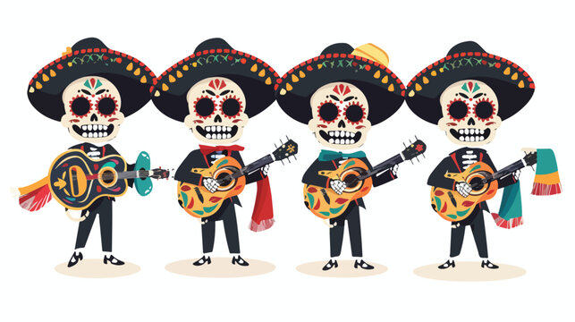 Mexican skulls mariachis playing guitar and maracas