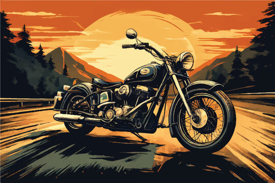 Vintage classic motorcycle on a highway. illustration of a vintage motorbike. antique motorbike. Vintage motorbike on a freeway.  Antique motorbike.  Classic Motor bike on highway road.  Bike.