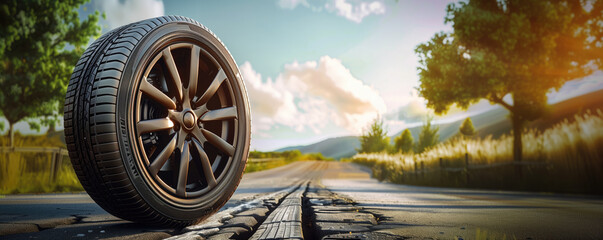 A car tire with a sporty rim stands alone on a sunlit, cracked asphalt road with a scenic backdrop of hills and sky. - obrazy, fototapety, plakaty
