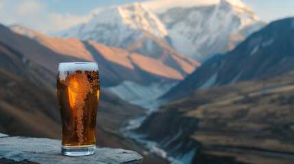 Glass of beer on the background of mountains and sky with clouds. - obrazy, fototapety, plakaty