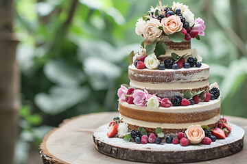 Wedding cake decorated with flowers and berries