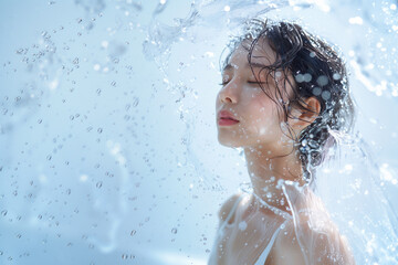 水しぶきを浴びる女性、保湿、乾燥対策、水分補給のイメージ