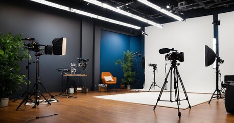 camera in a room.photography studio setup, studio lightning.Interior of modern photo studio with white cyclorama and equipment