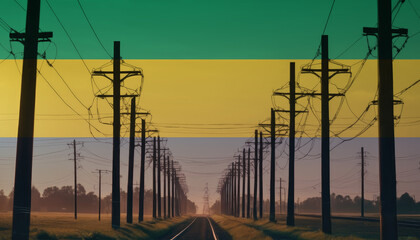 Electricity in the Gabon. Electric poles on the background of the Gabon flag. Gabon flag and Electric poles.