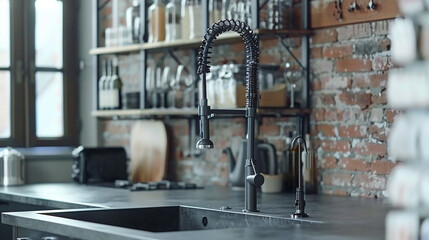 An industrial-style kitchen faucet with a matte black finish and a pull-down spray head, ideal for a modern loft kitchen.