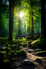 Sunlight's Soft Glow in Dense, Green Forest: A Testament to Nature's Serenity and Beauty