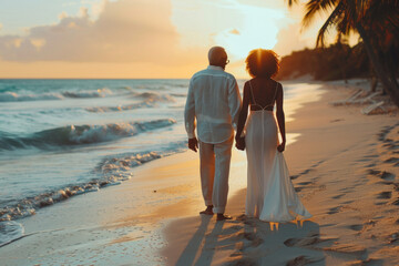 African American senior couple in love walking on sandy beach on seashore