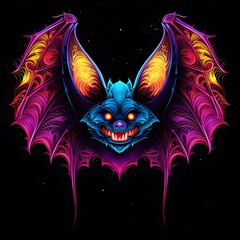 Colorful neon bat with glowing eyes on a dark background, digital art - obrazy, fototapety, plakaty