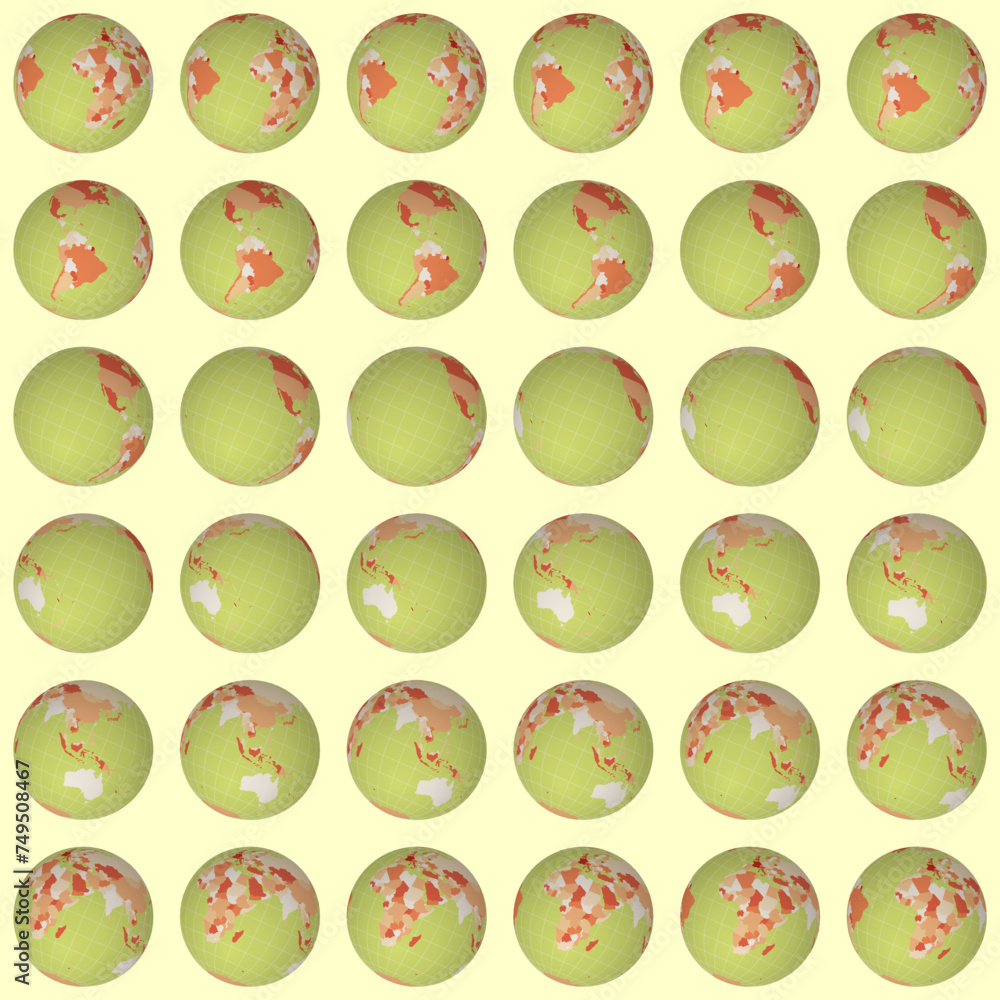 Poster collection of planet globes. tilted sphere view. rotation step 10 degrees. colored countries style. 