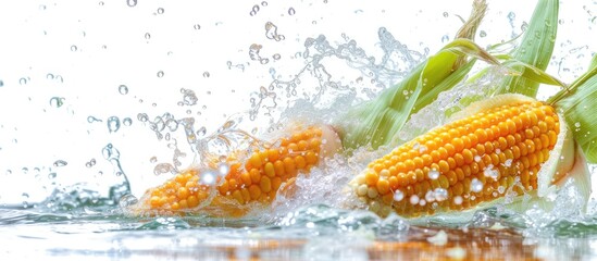 A piece of corn without the husk is dropping into the water, creating a splashing movement. The clear water contrasts against a white backdrop.