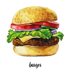 Fresh appetizing burger with cheese, tomato and cucumber slices, red onion and green lettuce on a sesame bun isolated on white background. Watercolor element 