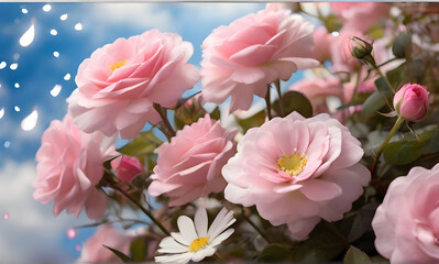 bule whispers of a sparkling tale of fresh soft garden filled with pink roses and daisies caressed by ambient soft sunlight under a cloudy sky