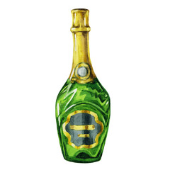 Champagne bottle with corrugated surface isolated on white background. Painted in watercolor element for the design of fabrics, wallpapers, postcards
