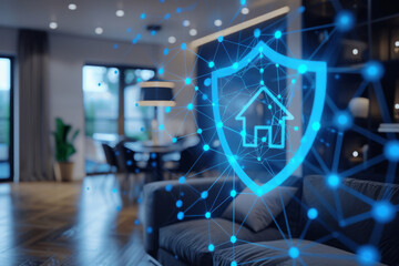 digital shield of smart home security system floats above a modern living room, symbolizing network protection. - obrazy, fototapety, plakaty