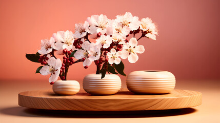 Bouquet of cherry blossoms in vases on a wooden stand closeup