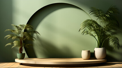 Rendering of a green room with a round podium and palm trees