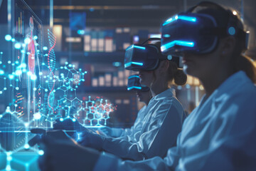 scientists in laboratory immersed in VR virtual reality simulation for an in-depth study of human anatomy DNA and chemistry. - obrazy, fototapety, plakaty