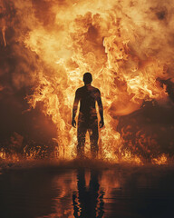Silhouette of a man standing in or emerging from fire concept