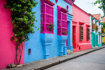 colorful street of cartagena de indias old town, colombia