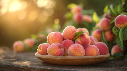 Fresh organic peach fruit on a plate on a table