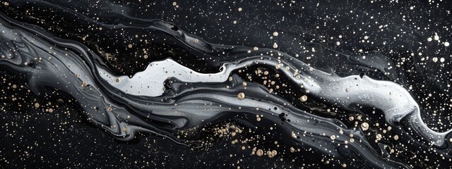 Ink abstraction of white gold and black flowing sand particles