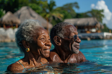 Fototapeta na wymiar African American old couple in love swim in tropical sea