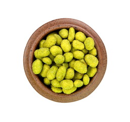 Pile of wasabi coated peanuts isolated on white. 