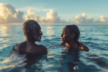African American old couple in love swim in tropical sea - Powered by Adobe