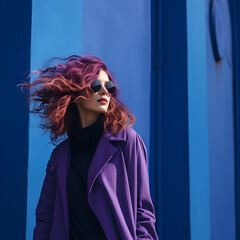 Street style portrait of a woman in purple jacket