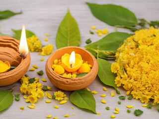 GENERATIVE AI, Clay Diya lamps lit during Dussehra with yellow flowers, green leaf and rice. Dussehra Indian Festival concept.