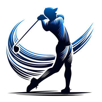 recommend clip art: illustration of a blue silhouette of a golfer in action