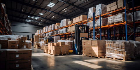Retail warehouse full of shelves with goods in cartons, with pallets and forklifts. Logistics and transportation blurred background. Product distribution center concept