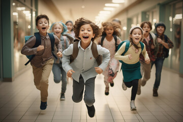 A group of schoolchildren are running along the school corridor after classes. They are happy. - obrazy, fototapety, plakaty