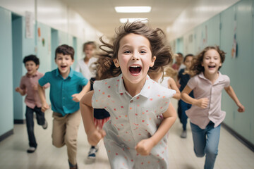 Pupils of an lementary school  are rushing at a great speed along the school corridor after classes. A close-up of a girl with disheveled long hair runs in front of the whole group. - obrazy, fototapety, plakaty
