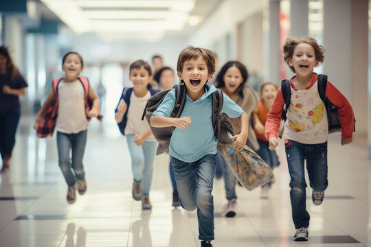 A group of schoolchildren are running along the spacious school hall after classes. They are happy