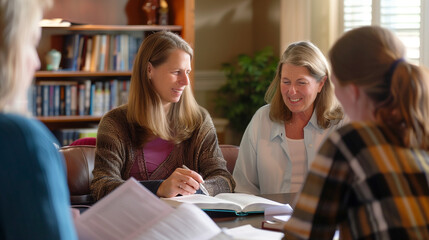 WOMEN'S BIBLE STUDY: A Group of Women Meeting in a Church or Home, Focused on Studying and Discussing Scripture Together.