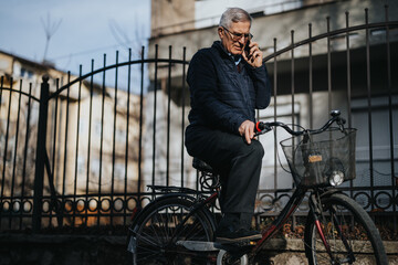 Senior man on a bicycle taking a phone call in urban setting.