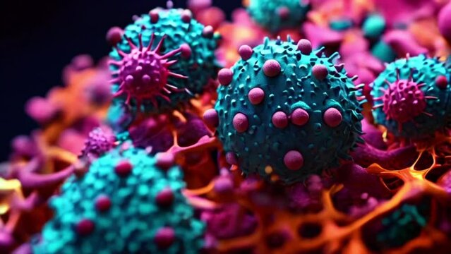 Movement of microcells on the surface of tissues, depicting viruses and bacteria, showcasing the intricate dance of cells in the microcosm.Cellular structure and experiments. Biology and biochemistry	