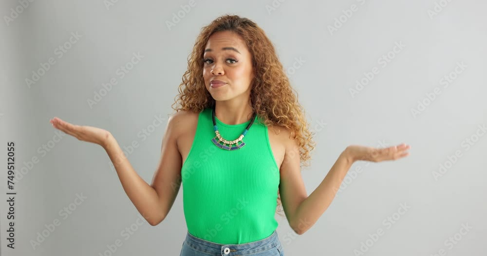 Wall mural Woman, palm and decision with choice in advertising or marketing on a white studio background. Portrait of young female person with hands out or question for selection, choose or pick on mockup space