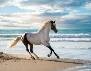 Naklejka na ściany i meble Grace in Motion: Majestic Black and White Horse Galloping Along the Beach
