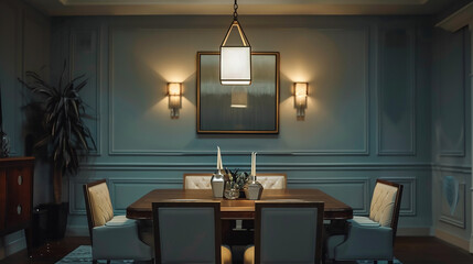 A dining room lighting hanging, featuring a leather-wrapped frame, adding a luxurious touch.