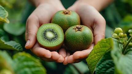 Holding fresh organic kiwi fruit