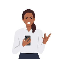 Young aggressive woman cartoon character quarrelling online with somebody during video call. Flat vector illustration isolated on white background