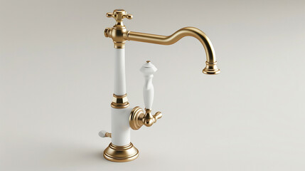 A farmhouse-style kitchen faucet with a white ceramic handle and a brushed brass finish, giving a rustic charm to the kitchen.