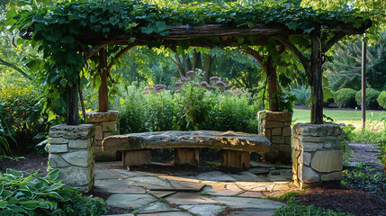 A handcrafted stone bench, placed under a pergola covered in vines, offering a peaceful spot to relax and enjoy the garden.